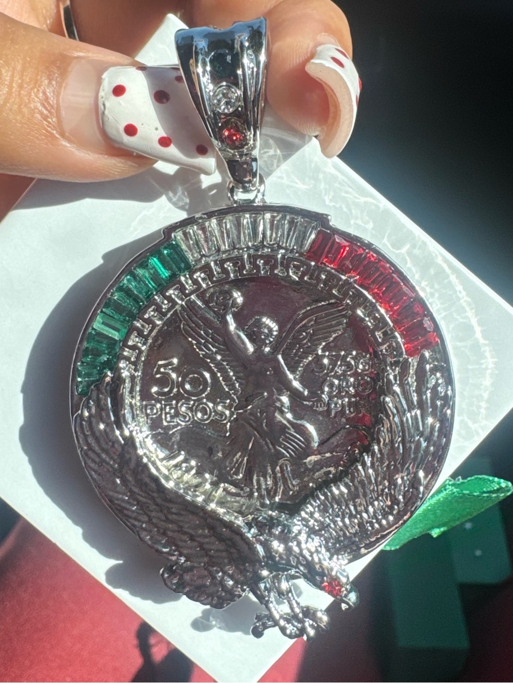 Sterling Silver Mexican 50 Pesos Coin Pendant with Red & Green Accents